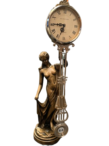 CROSA spelter figurine swinging pendulum quartz clock. 27` Tall. Standing Partically nude as a woman