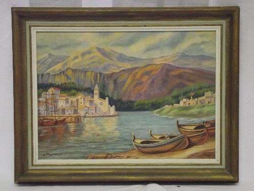 DINO PARAVANO. OIL ON BOARD FRAMED. SIZE; 45CM X 32CM