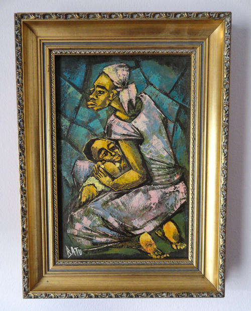 BEAUTIFUL!! OIL ON CANVAS BY MATHEWS BATU OF MOTHER & CHILD 300 X 200mm VALUE R1500
