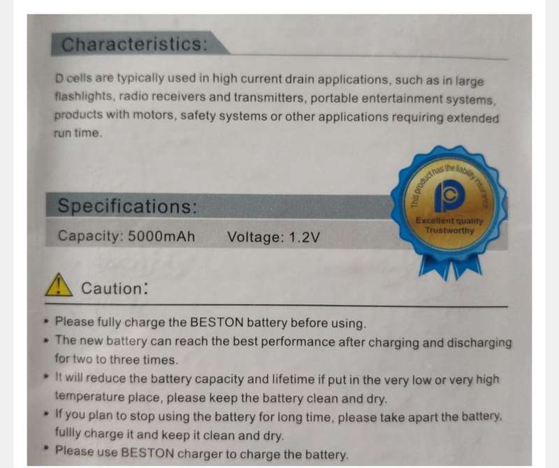 Beston D/R20 1.2V 5000mAh Reachargeable Battery Pack
