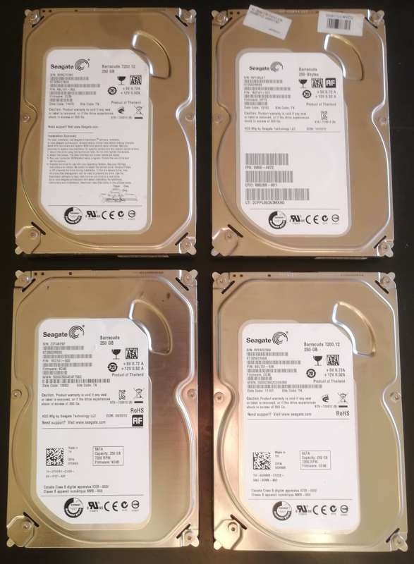 BULK LOT of 4 x 250Gb 3.5" SATA HDDs - 100% HEALTH!