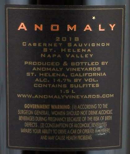 2018 Anomaly Cabernet Sauvignon from the Napa Valley, California.