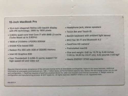 2017 Apple MacBook Pro 15 Inch i7 2.9GHz / 16GB / 512GB SSD + 6 Months Apple Warranty Remaining