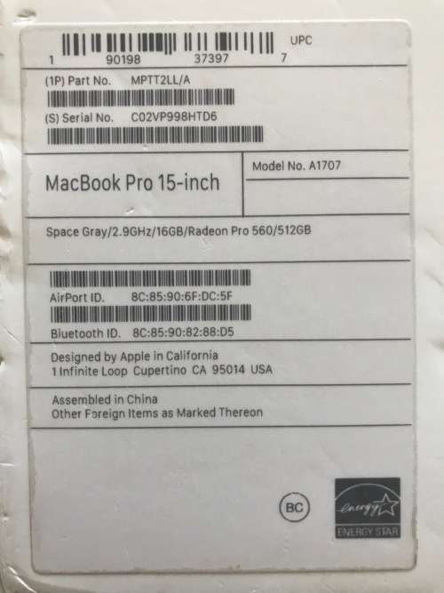 2017 Apple MacBook Pro 15 Inch i7 2.9GHz / 16GB / 512GB SSD + 6 Months Apple Warranty Remaining