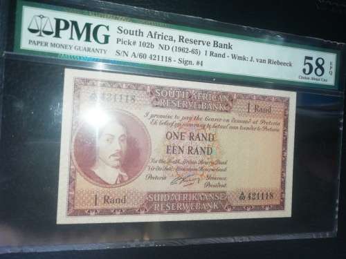 1962 South Africa R1 Signed by Gerhard Rissik PMG 58