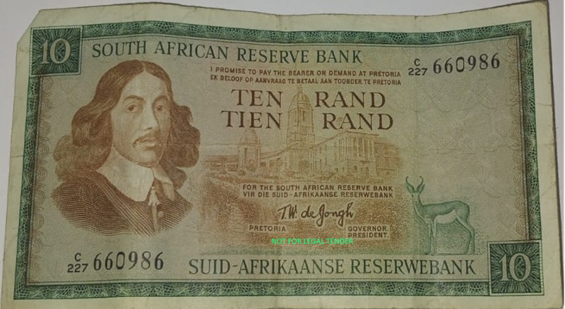 2nd Issue T.W de Jongh 10 rand bank note