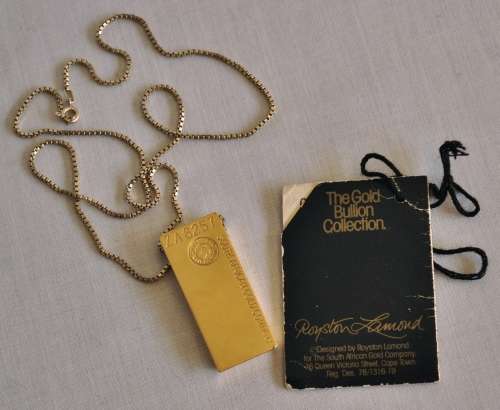 The Gold Bullion Collection 22 carat gold plated bar pendant and chain designed by Royston Lamond
