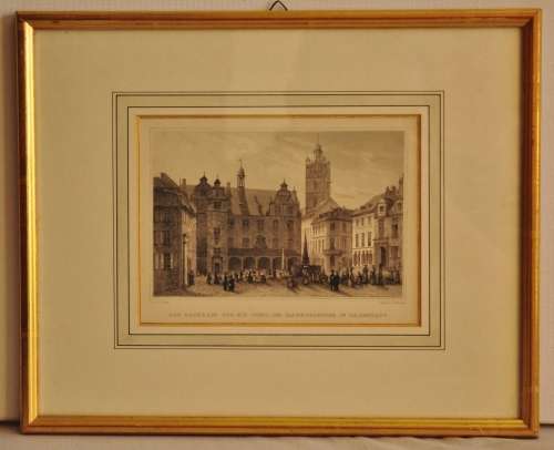 Antique steel plate engraving - Das Rathhaus und ein theil des marktplatzies in Darmstadt F ABRESCH
