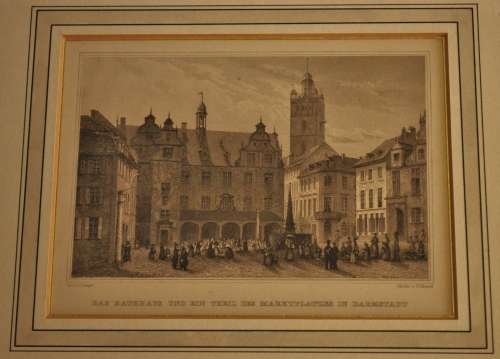 Antique steel plate engraving - Das Rathhaus und ein theil des marktplatzies in Darmstadt F ABRESCH