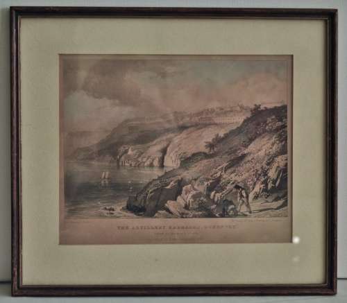 Antique print (on stone) - The Artillery Barracks, Guernsey from Clarence Battery L HAGHE 1829