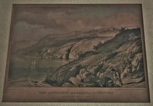 Antique print (on stone) - The Artillery Barracks, Guernsey from Clarence Battery L HAGHE 1829