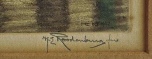 Vintage hand coloured etching - Stadstimmerhuis/Galgenwater Leiden 1932 H E ROODENBURG