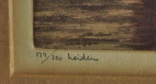 Vintage hand coloured etching - Stadstimmerhuis/Galgenwater Leiden 1932 H E ROODENBURG