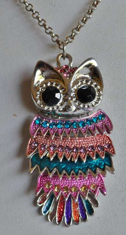 Vintage Silver Tone, Enamel, and Crystal Articulated Owl Pendant Necklace
