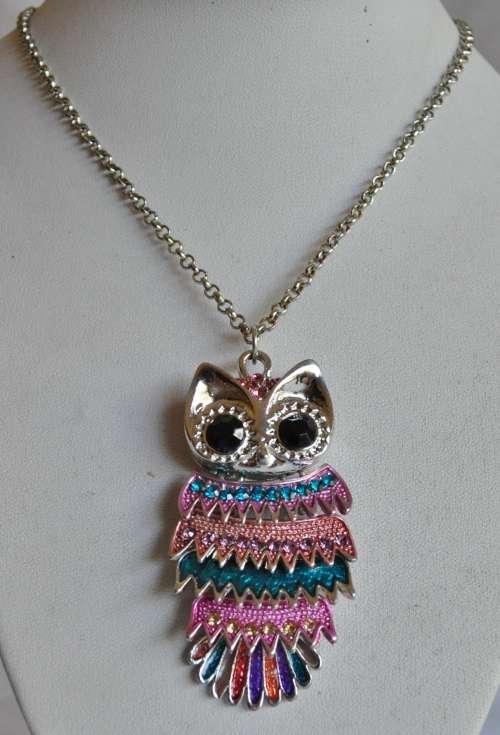 Vintage Silver Tone, Enamel, and Crystal Articulated Owl Pendant Necklace