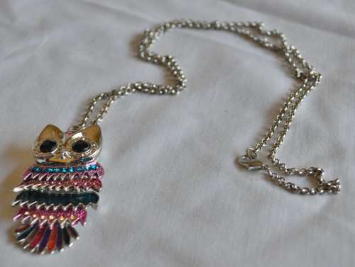 Vintage Silver Tone, Enamel, and Crystal Articulated Owl Pendant Necklace