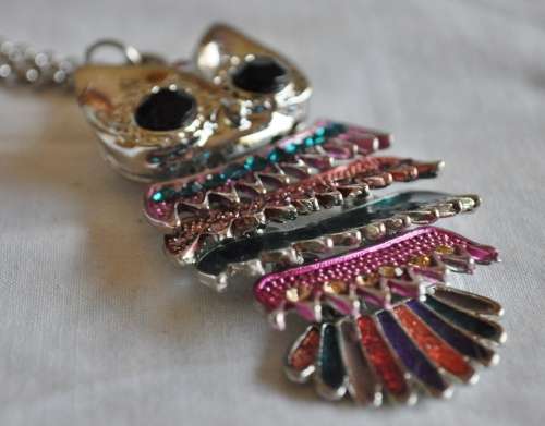 Vintage Silver Tone, Enamel, and Crystal Articulated Owl Pendant Necklace