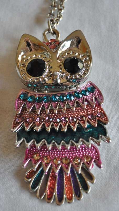Vintage Silver Tone, Enamel, and Crystal Articulated Owl Pendant Necklace