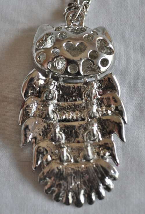 Vintage Silver Tone, Enamel, and Crystal Articulated Owl Pendant Necklace