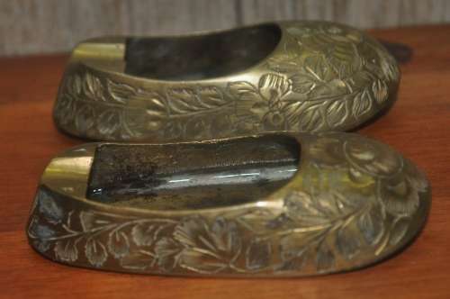 Vintage Pair of Engraved Brass Slipper Ashtrays - Made in India