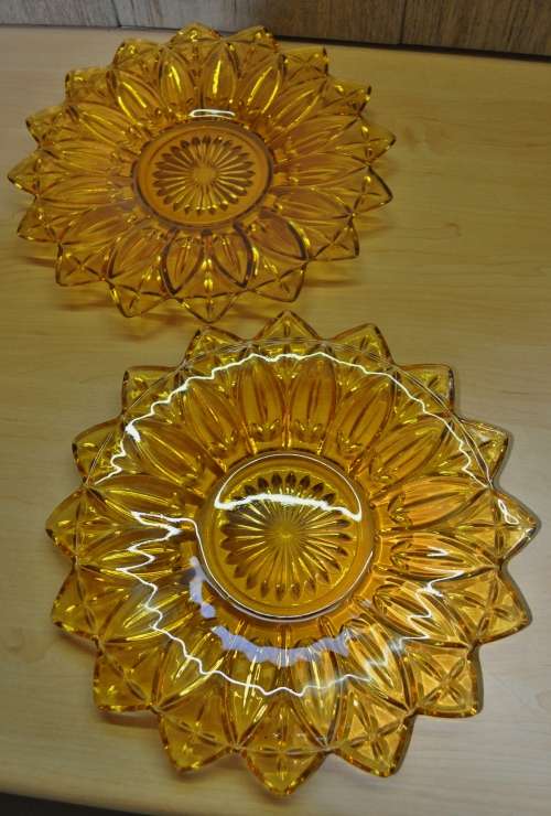 Sunflower Petal Pattern Gold Amber Depression Glass Serving Platters