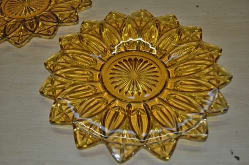 Sunflower Petal Pattern Gold Amber Depression Glass Serving Platters