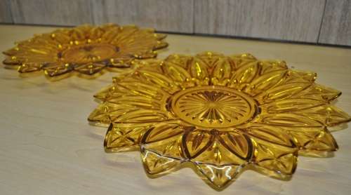 Sunflower Petal Pattern Gold Amber Depression Glass Serving Platters