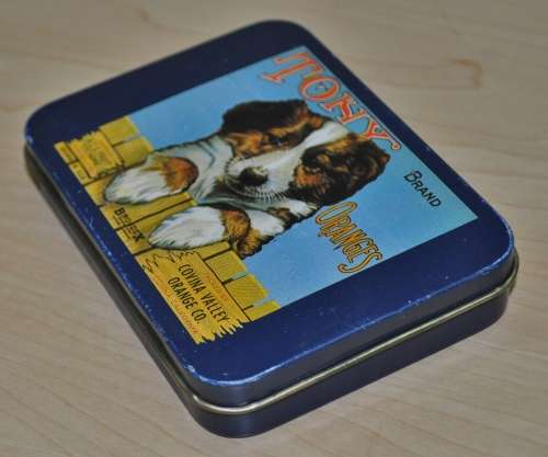 Small Collectible Vintage Tin with Tony Brand Oranges - Asusa California Citrus Crate Label Artwork