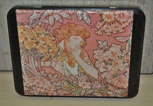 Vintage Decoupaged Tin with Art Nouveau Artist Alphonse Mucha`s Woman Among the Flowers