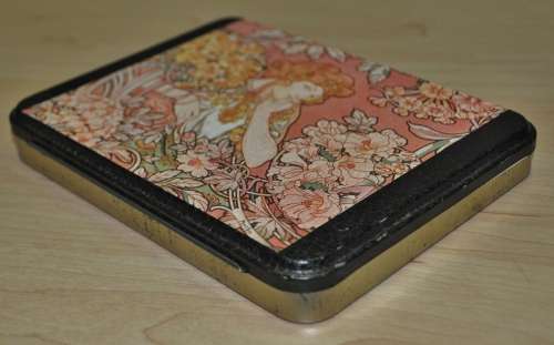 Vintage Decoupaged Tin with Art Nouveau Artist Alphonse Mucha`s Woman Among the Flowers