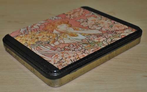 Vintage Decoupaged Tin with Art Nouveau Artist Alphonse Mucha`s Woman Among the Flowers