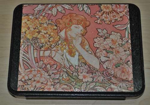 Vintage Decoupaged Tin with Art Nouveau Artist Alphonse Mucha`s Woman Among the Flowers