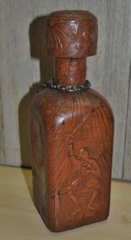 Vintage Miguel de Cervantes embossed Leather wrapped liquor bottle/decanter. Hand-made in Spain