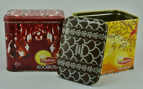 Pair of collectible contemporary Lipton Tea tins - Rooibos and Peach