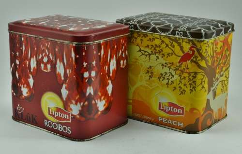 Pair of collectible contemporary Lipton Tea tins - Rooibos and Peach