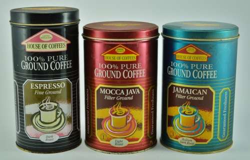 Set of 3 Collectible Contemporary House of Coffees Tins - Espresso, Mocca Java and Jamaica