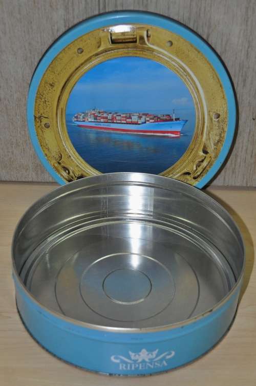 Collectible Ripensa Danish Butter Cookie tin commemorating the MAERSK Sealand Container Ship