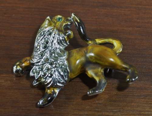 Vintage 1950s Signed BJL B  Bohemian Jewellers Ltd enamel and marcasite Lion/Leo brooch pin