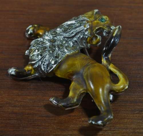 Vintage 1950s Signed BJL B  Bohemian Jewellers Ltd enamel and marcasite Lion/Leo brooch pin