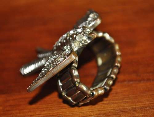 Vintage gold-tone and rhinestone Angel wings beaded bracelet and copper-tone flying swallow ring set