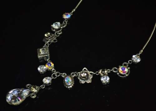 Vintage antique silver tone Aurora Borealis costume jewellery necklace