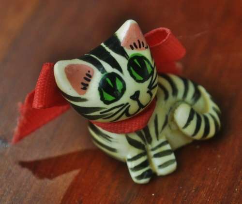 Tabby Striped Kitten with Bow Miniature Cat Figuring by Fay`s Miniature World