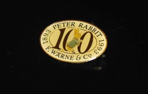 Collectible, Gold Tone Enamel 100 Year (1893-1993) Peter Rabbit F. Warne and Co Commemorative Brooch