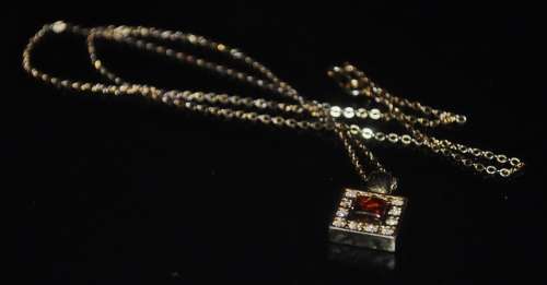 Vintage Gold Tone Square Pendant Necklace with Amber and Clear Crystal Stones