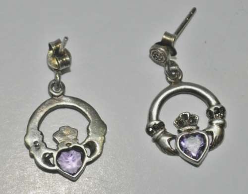 Vintage Claddagh (Irish, Hands, Heart, Crown) 925 Sterling Silver Amethyst Stud Earrings
