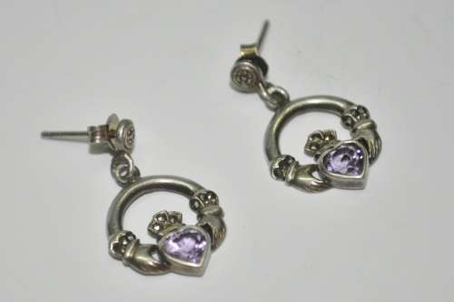 Vintage Claddagh (Irish, Hands, Heart, Crown) 925 Sterling Silver Amethyst Stud Earrings