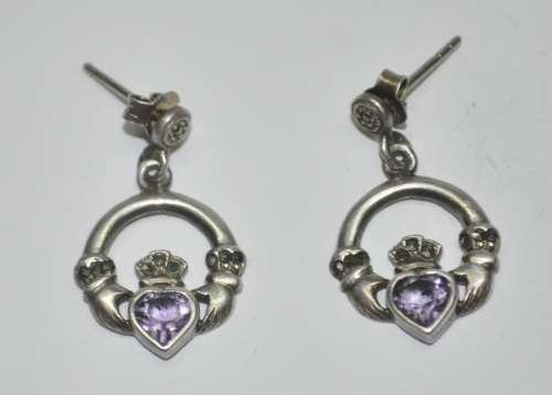 Vintage Claddagh (Irish, Hands, Heart, Crown) 925 Sterling Silver Amethyst Stud Earrings
