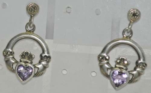 Vintage Claddagh (Irish, Hands, Heart, Crown) 925 Sterling Silver Amethyst Stud Earrings