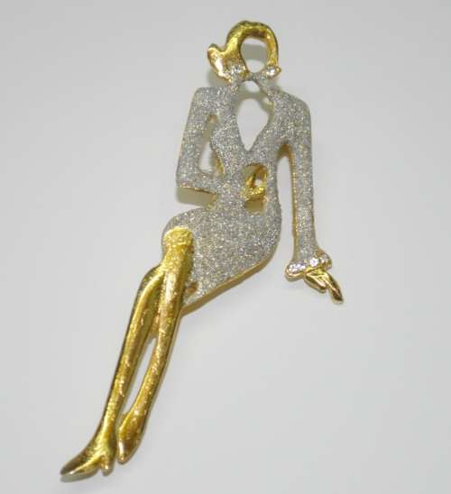 Retro, Vintage Art Deco Style Gold Tone and Enamel Lady Figural Brooch Pin