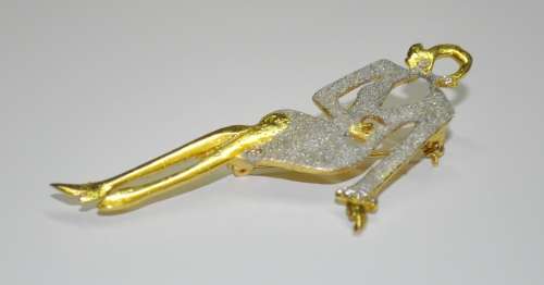 Retro, Vintage Art Deco Style Gold Tone and Enamel Lady Figural Brooch Pin